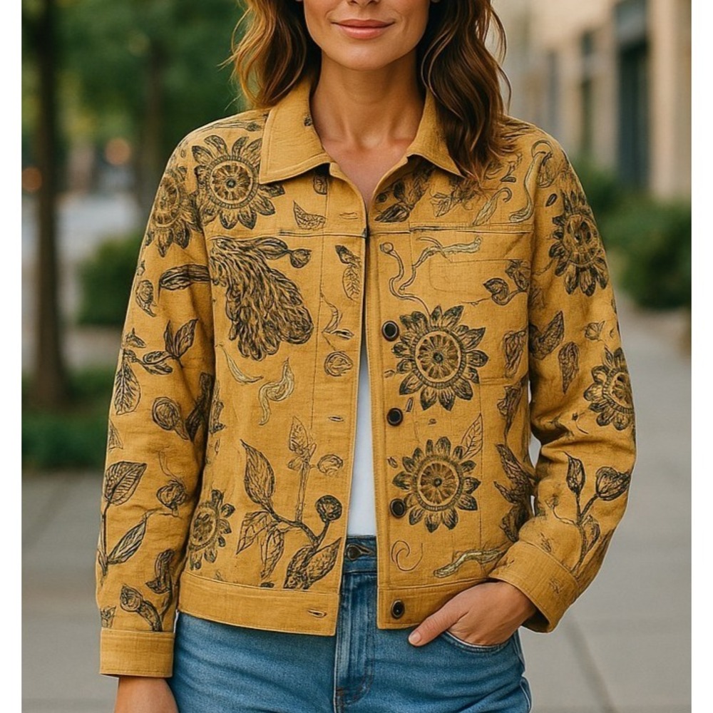 Laura Ashley Jacket Womens S Yellow Floral Paisley Cotton Embroidered Applique